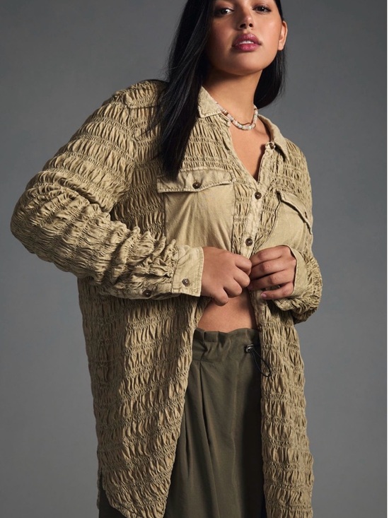 Anthropologie Jackets & Blazers - Sz XL Pilcro by Anthropologie Textured Cotton Smocked Shacket in Sand/Olive
